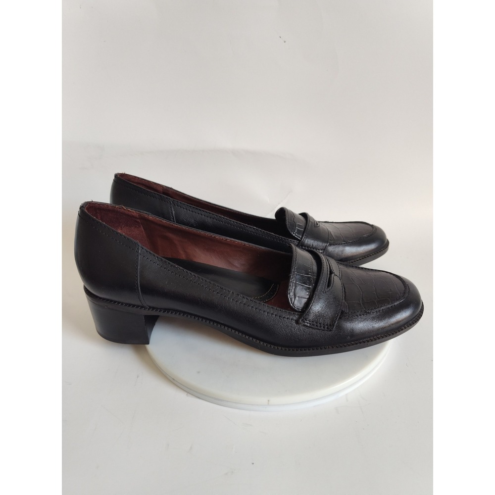 Naturalizer Penny Loafers Pumps 9.5 Block Heel Black Leather Croc Embossed Work